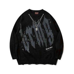 2022 New Winter and Autumn Fashion Mens Oversized Hip Hop Sweaters Ripped Letter Print Harajuku Streetwear Pullover Sweater T220730