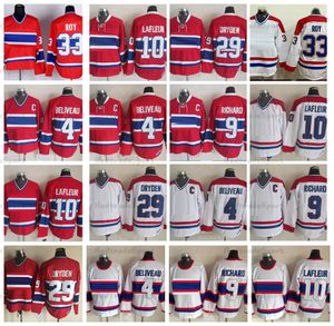 Mi08 Vintage Hockey-Trikots 4 Jean Beliveau 9 Maur Richard 10 Guy Lafleur 29 Ken Dryden 33 Patrick Roy Retro Classic Jersey Rot-weiß genähte Hemden