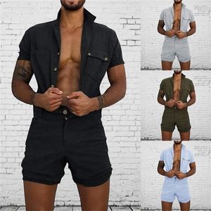 New Men Overalls Casual Lapel Short Sleeve Rompers Solid Overall 1pc Buttons Jumpsuit Pocket Summer Clothes Male Beach LJ201125