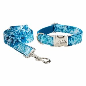 Personalized Sea Wave Pet Collar Custom Puppy Nameplate ID Tag Adjustable Buckle Blue Natural Style Basic Collars Leash Set 220610