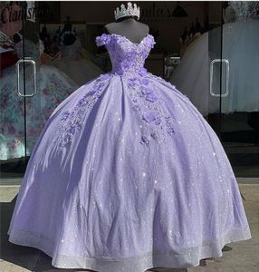 Lavender Bling cekin koronka Sweet 16 Quinceanera sukienki 2022 Off the ramion 3D Floral Applique Koraliki gorsetowe sukienka Vestidos de 15 anos masquerade xv sukienka