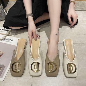 Dress Shoes Femme Mujer Lazy Soft Baotou Half Slippers Female Summer Wear Loafers 2022 Fashion Office Ladies Sandals Square HeelsDress