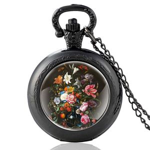 Pocket Watches Classic Pretty Flowers Design Black Vintage Quartz Watch Män Kvinnor Charm Pendant Necklace Hours Clock Presents