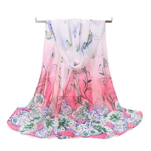 Ny vår- och höstvinterkvinnor Blomma tryck Silk Chiffon Georgette Soft Long Scarves Women's Beach Scarves Shawl Cachecol