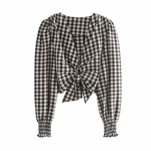 new women vintage v neck plaid print short smock shirts ladies puff sleeve bow blouses side zipper roupas femininas tops LS6910 201201