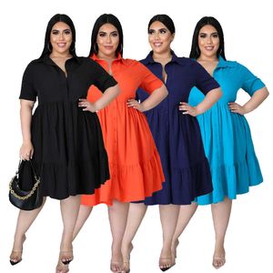 Mulher causa vestidos Plus Tamanho Solid Solid Roupas Grandes vestidos de camisa de manga curta de verão Vestido midi com colarinho de pólo L-5xl