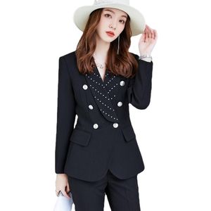 Kvinnors tvåbitar byxor borrar högkvalitativa kvinnors kostymer 2 Set Suit Spring Autumn Slim Double-Breasted Jacket Blazer Female Office Wearw