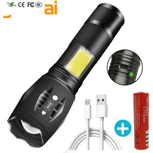 New LED Flashlight Built in 18650 Battery XM-L T6 COB Aluminum Torch 4 Modes Zoomable USB Rechargeable Lantern for Camping