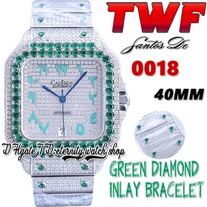 TWF TW0009 Japan Miyota Автоматические мужские часы 40 -миллиметровые зеленые большие бриллианты Безель Полностью обледенение алмазов арабские маркеры стальной браслет супер издание Eternity Watches