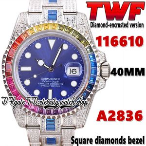 2022 TWF ey126619 t116659 A2836 Automatic Mens Watch i116649 Rainbow Square Diamond Bezel Blue Dial 904L Steel Iced Out Diamond Two Tone Bracelet Eternity Watches