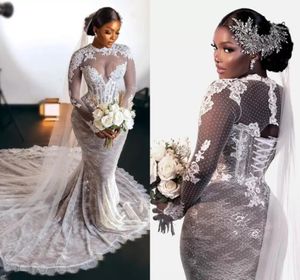 One pcs Long Sleeve Mermaid Wedding Dresses Full Applique abito da sposa Vintage Lace-up Corset African Aso Ebi Bridal Dress gown