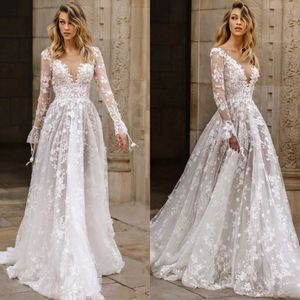 Boho Abito da sposa senza schienale a maniche lunghe con scollo a V Abiti da sposa con applicazioni in pizzo Una linea Abiti da sposa Vestido de Noiva