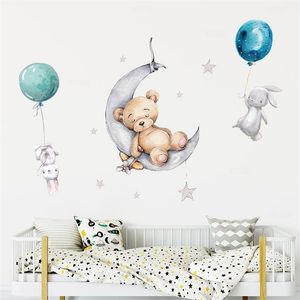 Akvarell Ballong Bunny and Brown Bear Wall Stickers for Kids Room Baby Nursery Room Decoration Wall Decal Party PVC Watercolor 220727