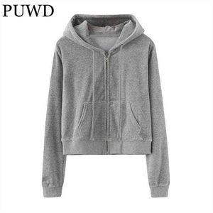 PUWD Casual Women Pocket Zipper Velvet Hoodies 2022 Autumn Fashioin Ladies Solid Color Hooded Cardigan Girls Chic Outwear T220726