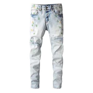Jeans mannen designer broek voor middelste taille lange elastische dunne dunne grote code knie lichtblauwe sportverfgaten katoen slanke hand getrokken goede kwaliteit high street denim heren