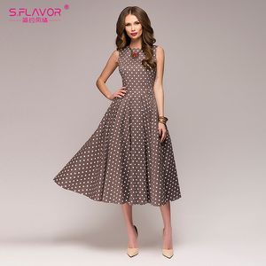 S.flavor Women Vintage Dress Seeveless Oneck Spring Summer Vestidos女性エレガントなドット印刷ミッドカルフカジュアルドレス女性210303