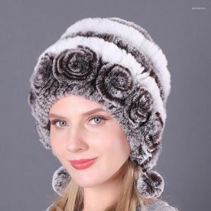 Beanie/Skull Caps Warm Rex Fur Hat Fashion Female Girls Autumn Winter Earmuff Wool Russian Lady Elastic Beanies With Balls Snow Cap Delm22