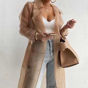 Vestes femme printemps été voir à travers extérieur long manteau maille transparente manches longues boutonné avec ceinturefemme