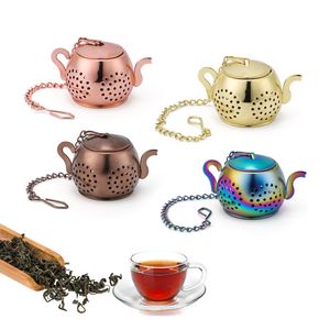 Loose Leaf Tea Infuser Ball Tool Teapot Form Rostfritt Stål Tea Silter Med Kedja Herbal Diffuser Spice Filter KDJK2203