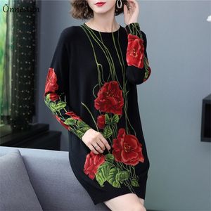 Lång tröja klänning Autumn Fashion Long Sleeve Pullovers tryck blommig stickkläder jumper plus storlek tröja kvinnor 210203