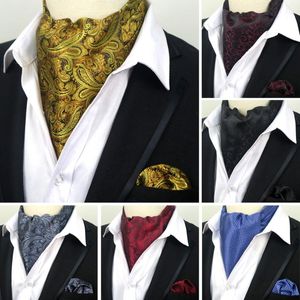 Bow -slipsar 07 08 09 Herrens vintage 100% Silk Ascot Cravat Tie Handkuft Paisley Letters Set Pocket Square Set Wedding Partybow