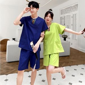 Estilo chinês casal maiô topos e calças curtas thai spa massagem fisioterapia roupas suor vapor algodão linho uniforme