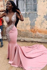 2022 Sexy Mermaid Black Girl Długi Prom Dresses Bez Rękawów Crew Neck Sheer Bodice African Evening Party Suknie Custom Made BC11554