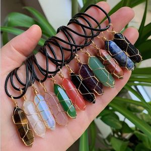 Wire Wrap Reiki Healing Crystal Stone Pendant Chakra Rose Tiger Eye Rep Choker Halsband Wholesale Energy Pendants Halsband smycken