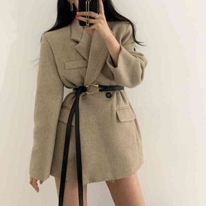 Womens Suit Blazer Doublebreasted Button Design Slim Long Sleeve Woolen Coat with Belt Elegant Lapel Suit Jacket Coat Female 210412