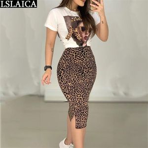 Duas peças conjunto para mulheres casual o-pescoço t camisa saia conjunto moda leopardo impressão escritório mulheres conjunto elegância magro ropa femenina 220725