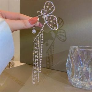 Crystal Butterfly Clip On Earring Pearl Bead Ear Cuff Long Tassels Charm Hollow Earrings For Women Clip Jewelry Gifts GC1028