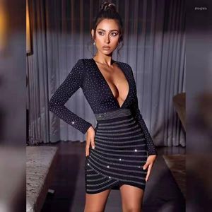 Casual Dresses Women Autumn Sexy Deep V-neck Beaded Back Zipper Bag Hip Full Sleeve Bandage Dress 2022 Celebrity Fashion Night Party Club