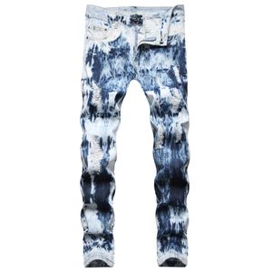 Tie Dye Jeans Mężczyźni Slim Fit Wysoka jakość Rapowane proste spodnie dżinsowe Dżorki Motocycle męskie spodnie dla mężczyzn dla mężczyzn