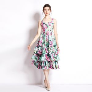 Sexy Suspender Floral Cakes Dresses Summer Woman Designer Casual Vacation Ruffles Slim A-Line Beach-jurken 2022 Runway Sweet Flowy Cute Party Cocktail Midi Frock