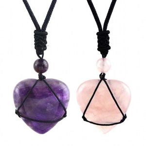 Collane con ciondolo KFT Natural Rose Pink Quartz Crystal Amethyst Heart Shape Healing Reiki Rope Wrapped Stone Necklace