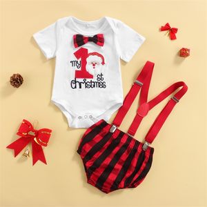Mababy 0-24m Noel doğumlu bebek erkek giysileri set bebek yürümeye başlayan çocuk bow Santa Romper ekose şortlar tulum Noel kıyafetleri 220507