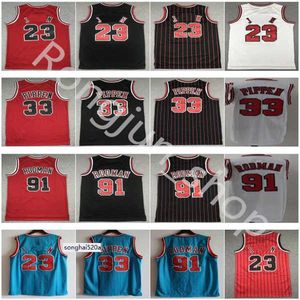 2021 Basketbol Forması Erkekler 23 Michael Scottie 33 Pippen Mesh Retro Dennis 91 Rodman Çizgili Mavi Kırmızı Siyah Beyaz Yüksek Q Formaları