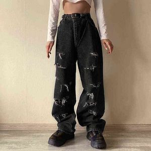 New Jeans Ripped Women Y2K High Street Retro Hole Grinding High Waisted Jeans Hot Girl Loose Casual Streetwear Jeans Woman L220726