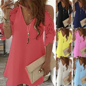 Vintage Sexig modeklänning Kvinnor Summer Lace Solid Color Dress Casual Party Dress V Neck Sling Sundress Plus Size Vestidos 220516