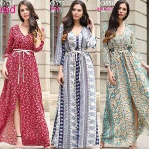 Euro Style women clothes V neck Chiffon Flower Print dress lady casual long sleeve swing beach Split W220315