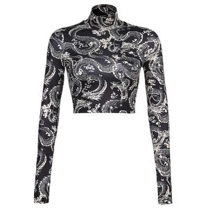 Women S Dragon Printed Crop Tops Long Sleeve High Collar Short Slim T Shirt for Spring and Autumn 220714