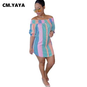 CM.YAYA Women Mini Dress Print Short Sleeve Off Shoulder Straight Loose Dresses Sexy Fashion Vestidos Outfit Summer 220509
