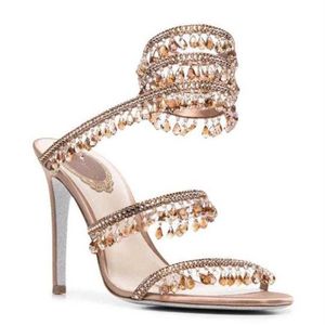 Diamond Rene Caovilla Crystal High Heel Sandals Women s Ankle Snake Wrap Pendant Slippers Water Drop Borr Ladies Wedding Ban213p SJ