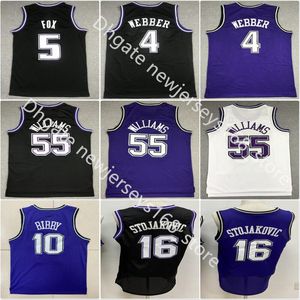 Basquete 5 Fox 10 Mike 55 Jason Bibby Williams Jerseys Retro Costurado 16 Peja 4 Chris Stojakovic Webber Mens Jersey 1998-99 Preto Roxo Branco Tamanho S-2XL