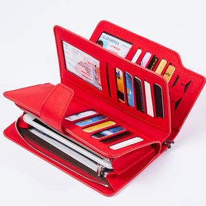 Cüzdan cüzdan pu deri debriyaj çantası kırmızı 3 katlı kadınlar fermuar kayış para torbası para iPhone için