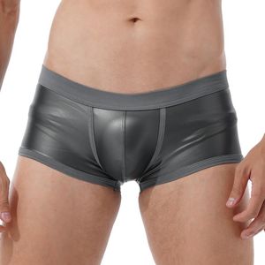 Men's Shorts Mens Faux Leather Boxer Sports Low Waist Swimming Trunks Swimwear Bulge Pouch Elastic Waistband UnderpantsMen's