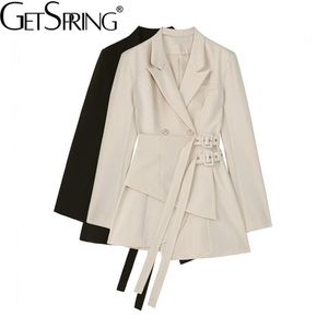 Genspring Женщины Blazer платье Длинные тонкие лоскутные асимметрии винтажные женщины пальто куртки черный абрикос повязка мода наряд 220402