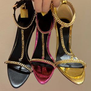 Mirror Leather Padlock Pointed Chain Ankle-rem HELED SANDALS 10.5 cm Öppen tå Metallisk häl Lyxdesigners Party Evening Shoes