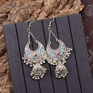 Dangle & Chandelier TopHanqi Gypsy Jewelry Jhumka Long Small Bell Fringed Tassel Earrings Antique Ethnic Silver Color Drop For Women