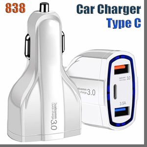 838DD 3-Port Car Charger 3.5A USB QC3.0 Type-C Fast Charging for iPhone 13 14 Xiaomi Samsung Mini Quick Chargers Vehicle Adapter without Package